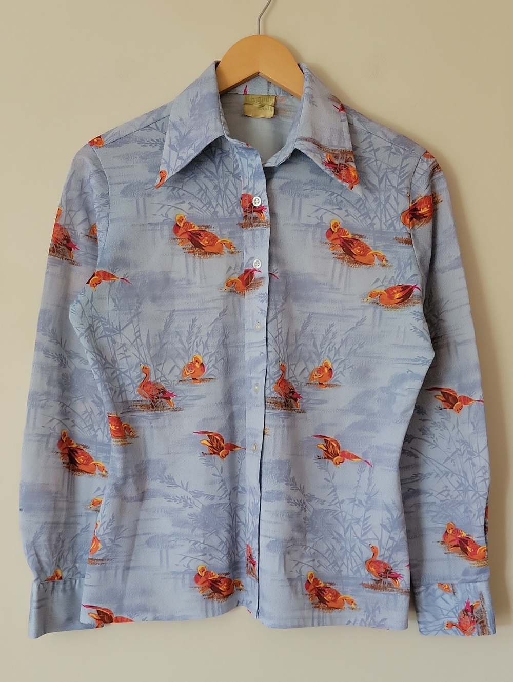 Vintage 70s Novelty Print Duck Bird Long Sleeve Pointed Collar Disco Shirt sz M